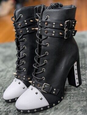 Women's 10 Goth Punk Studded Spike Platform Lace Up High Heel Ankle Boots Black